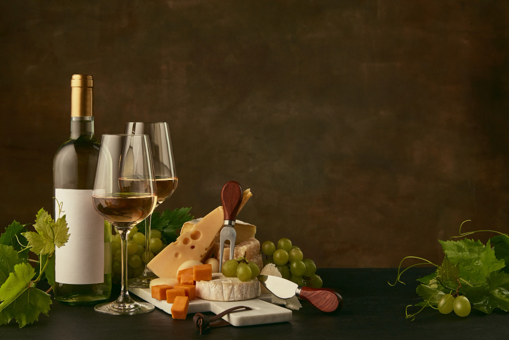 front-view-tasty-cheese-plate-with-grapes-wine-bottle-fruit-wineglasses
