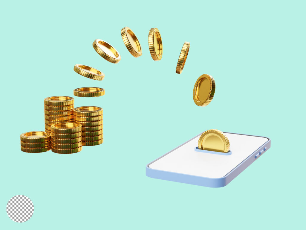 Isolate of Golden coins dropping and flying to smartphone for money transfer and internet mobile banking or electronic transaction concept by 3d render illustration.